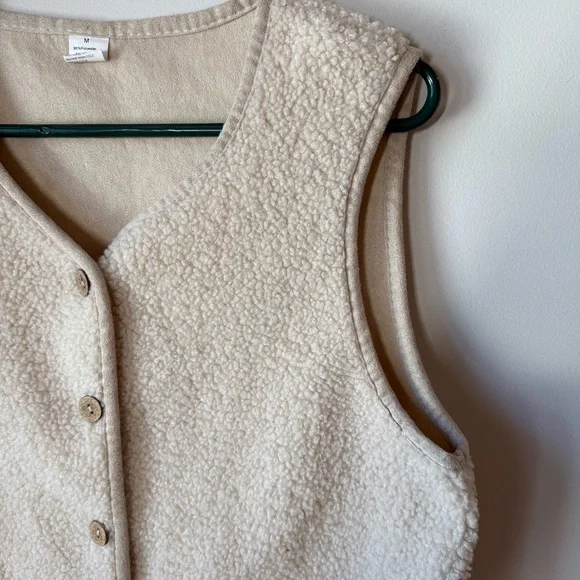 Faux shearling Sherpa fleece button up vest pockets layering piece comfort M - Picture 2 of 7